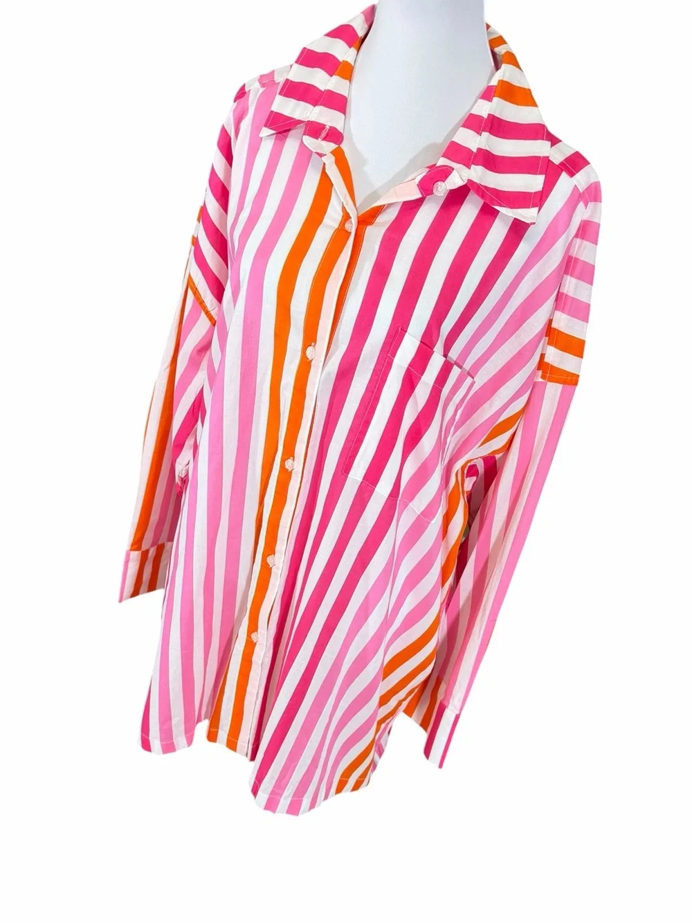 Beach Riot Alexa Coverup Button Down 100% Cotton Stripes Pink Orange Beach Swim